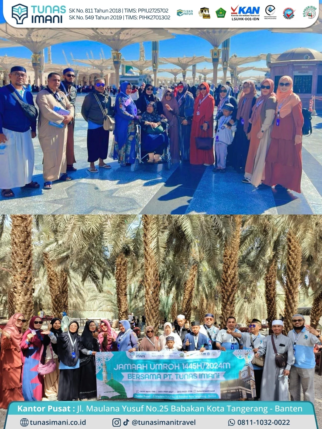 Kolase jamaah Umroh Tunas Imani di Masjid Nabawi dan kebun kurma Madinah